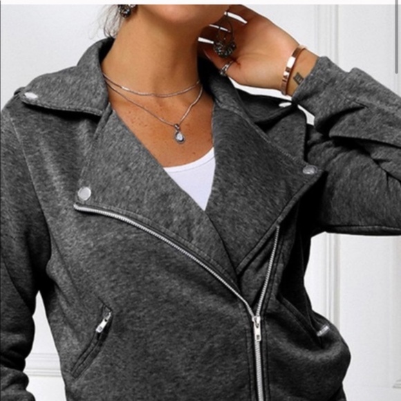 charcoal zipper pocket knit moto biker jacket coat - Picture 5 of 6